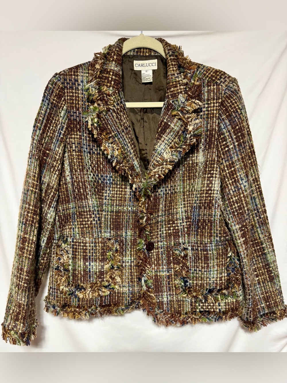 Vtg Carlucci Women's Tweed Plaid Fringe Trim Lined Blazer Jacket, Brown, Sz 12